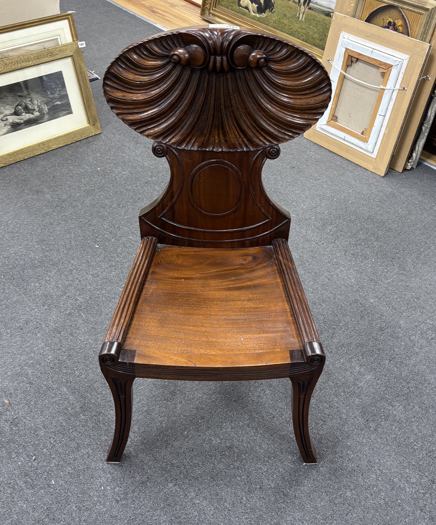 A George III style mahogany hall chair, width 39cm, depth 42cm, height 97cm